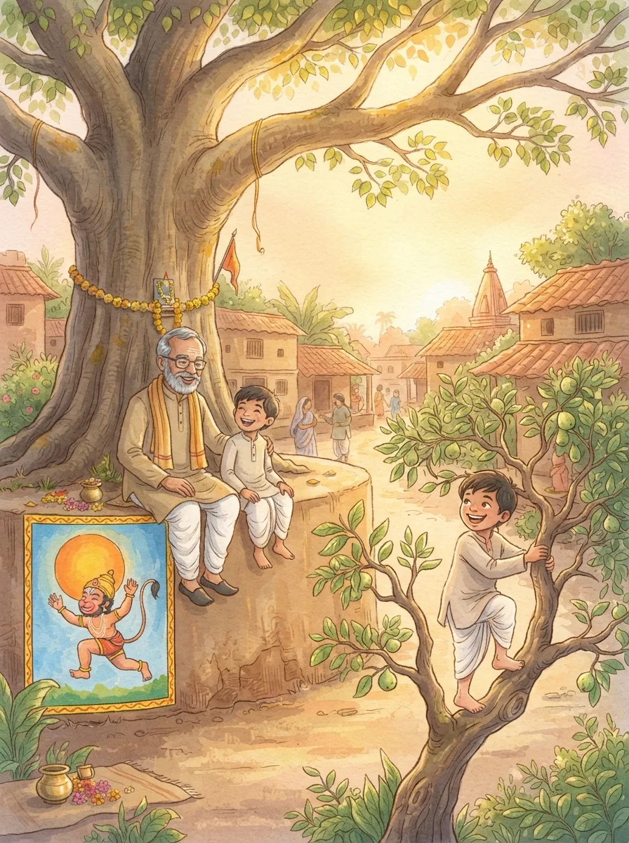 Hanuman Jayanti: A grandfather and child under a large peepal tree