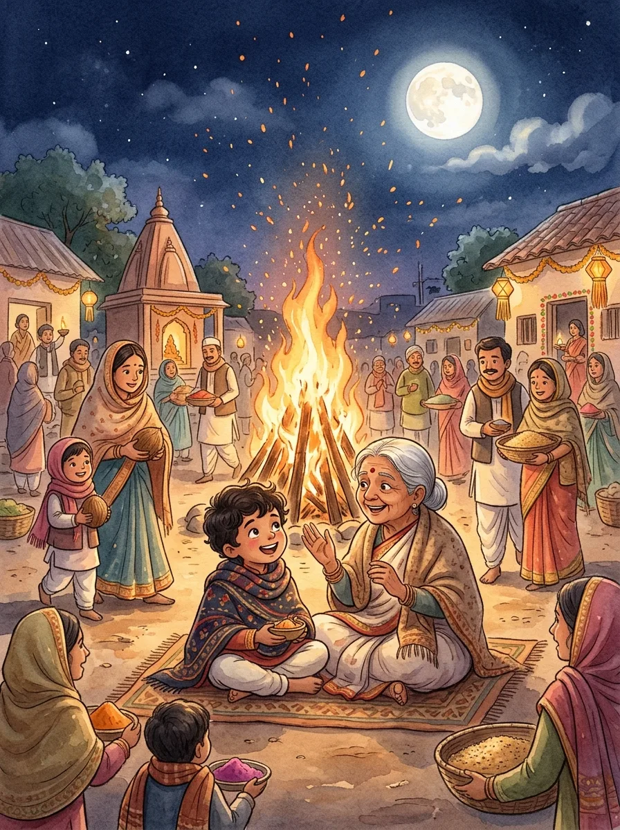 Holi: A tall bonfire with sparks rising into the night