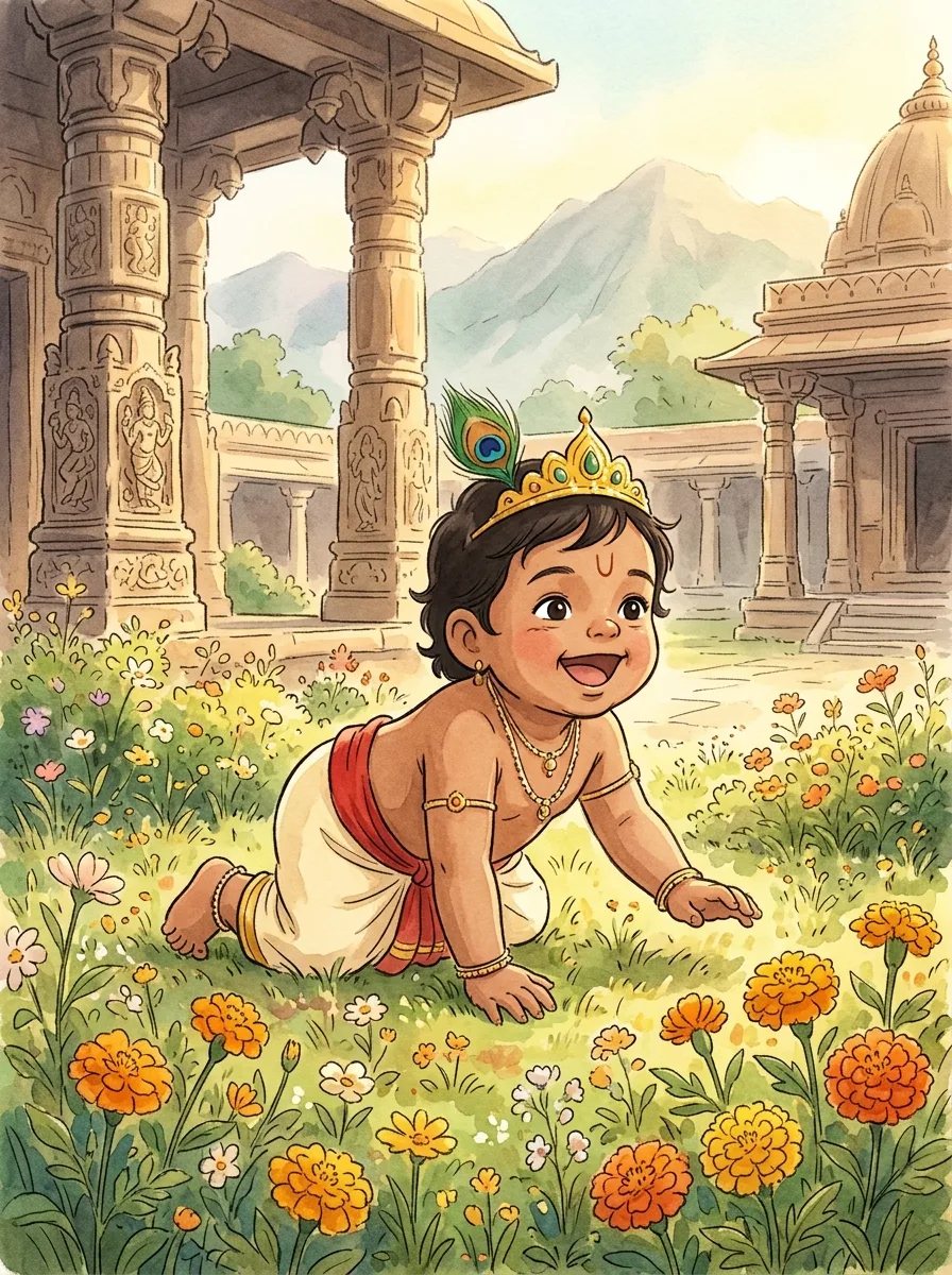 A laughing toddler in a Janmashtami cowherd costume among marigolds and wildflowers