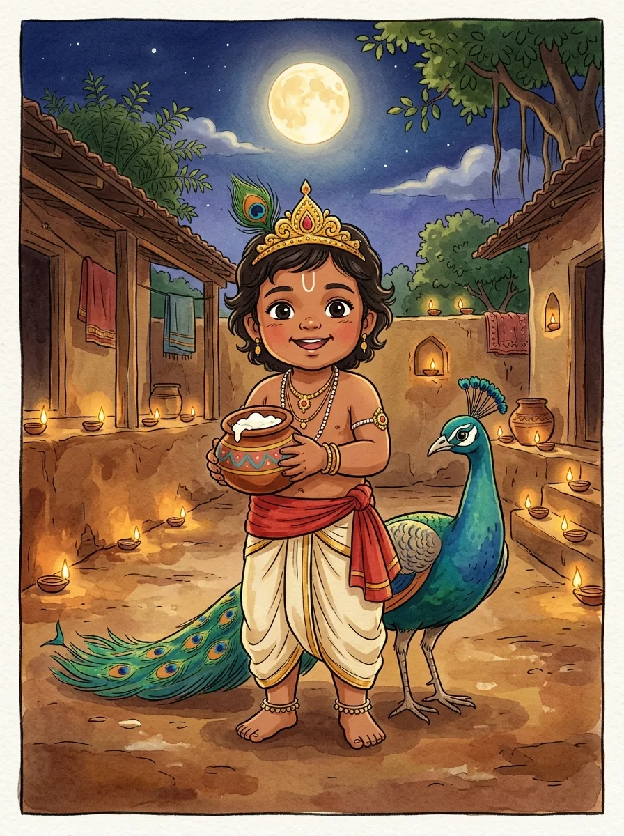 A toddler dressed as a little cowherd beside a peacock under a full moon