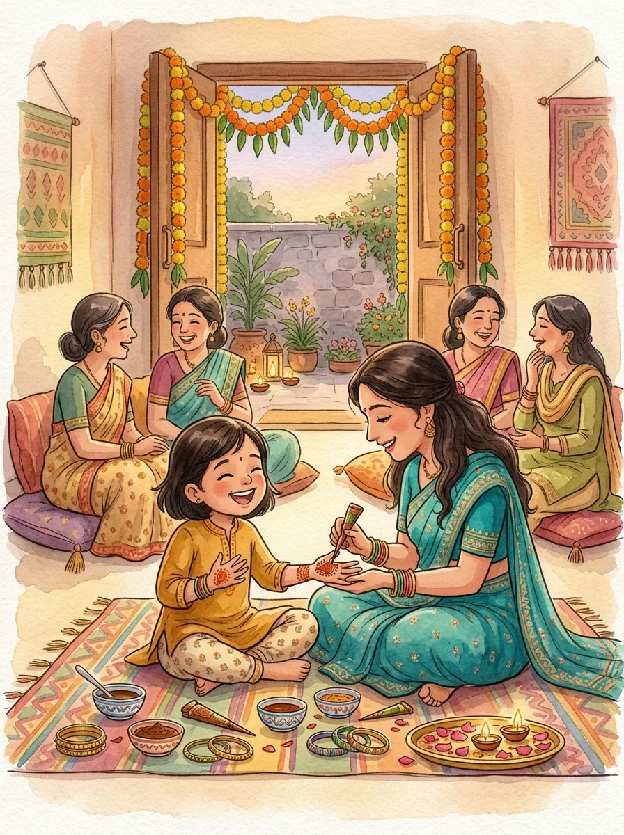 Karva Chauth: A woman drawing henna on a child's palm