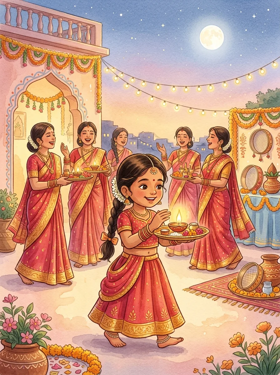 Karva Chauth: Women in red and gold saris singing in a circle on a terrace