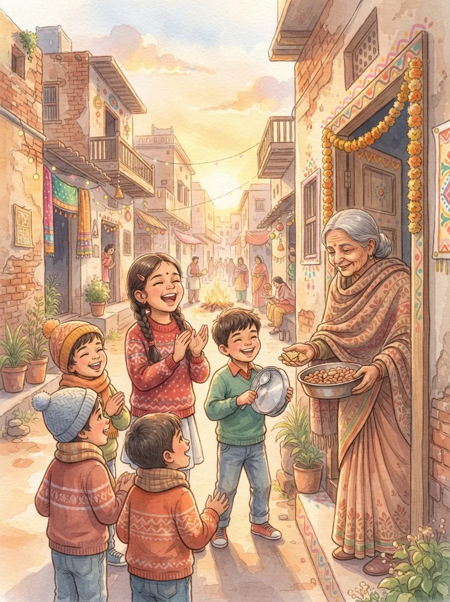 Lohri: A group of children in sweaters singing at a painted doorway