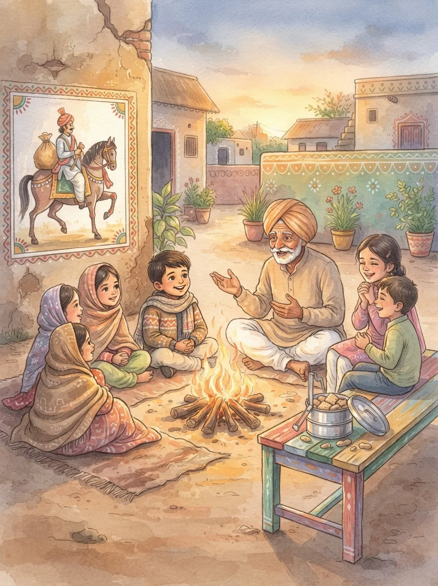 Lohri: A grandfather telling a story beside a crackling bonfire