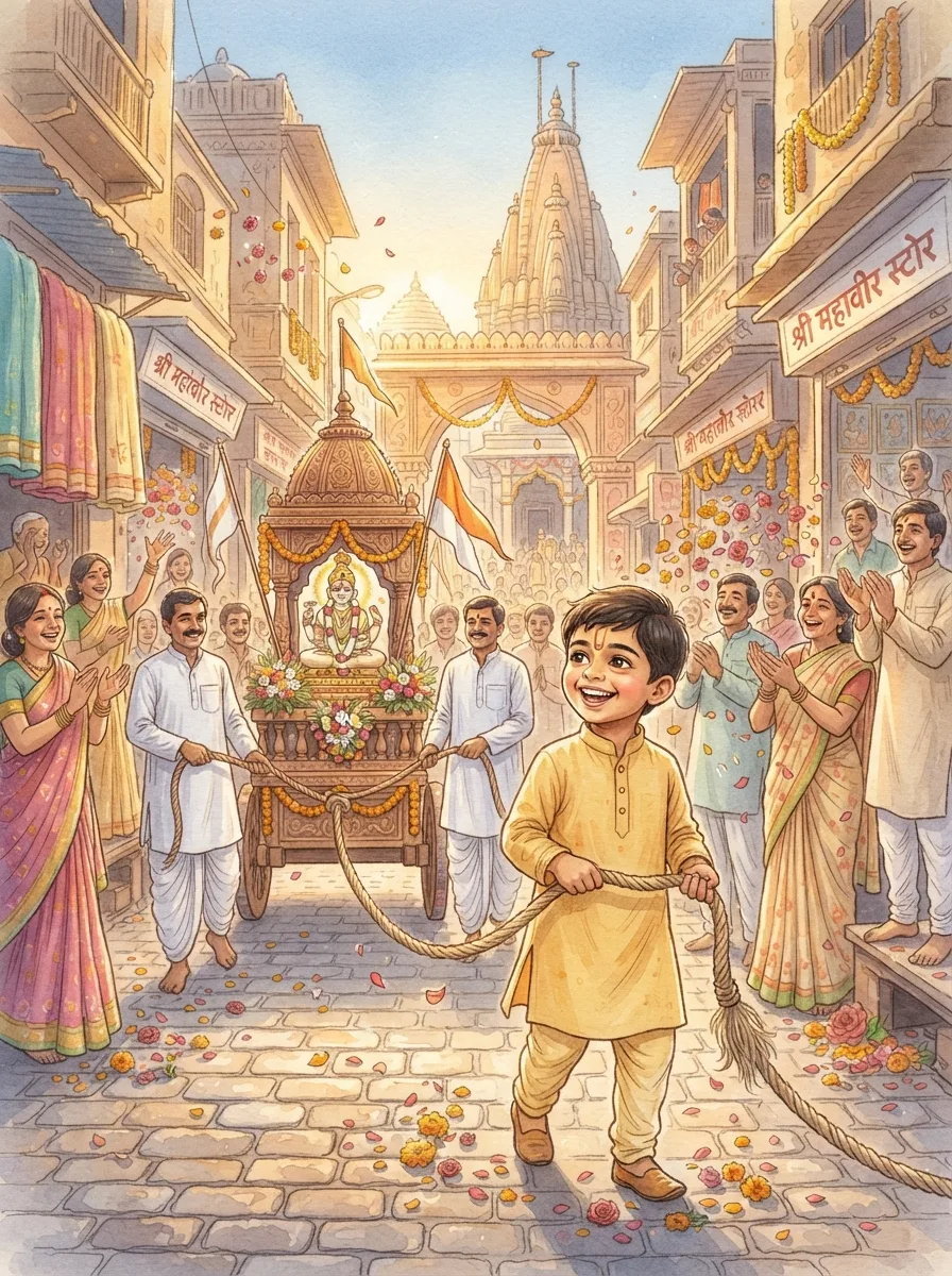 Mahavir Jayanti: A wooden chariot with white and saffron flags in a narrow bazaar
