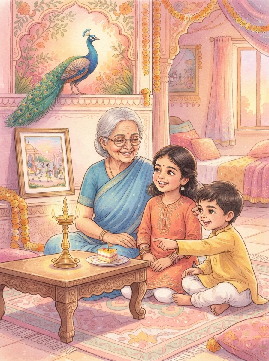 Mahavir Jayanti: A grandmother and child beside a brass oil lamp