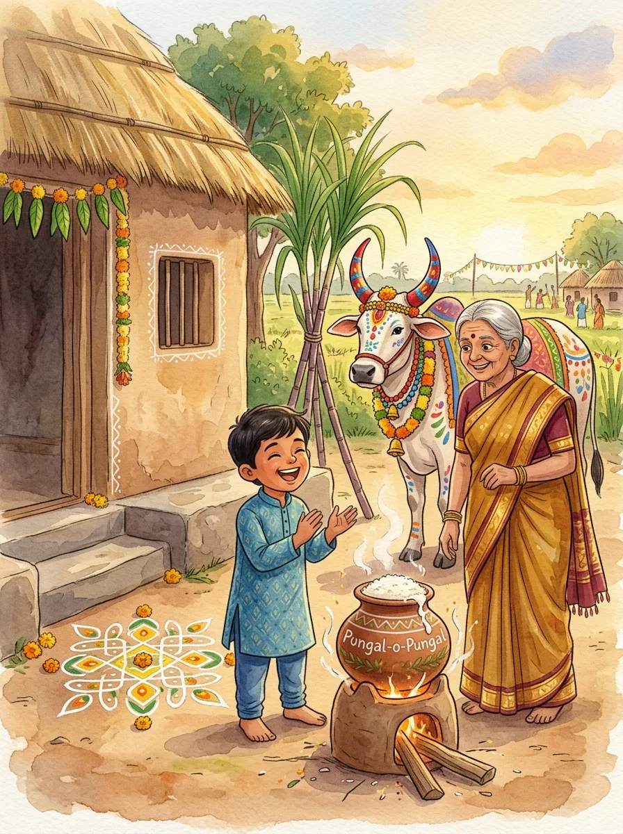 Makar Sankranti & Pongal: A clay pot boiling over on a wood fire