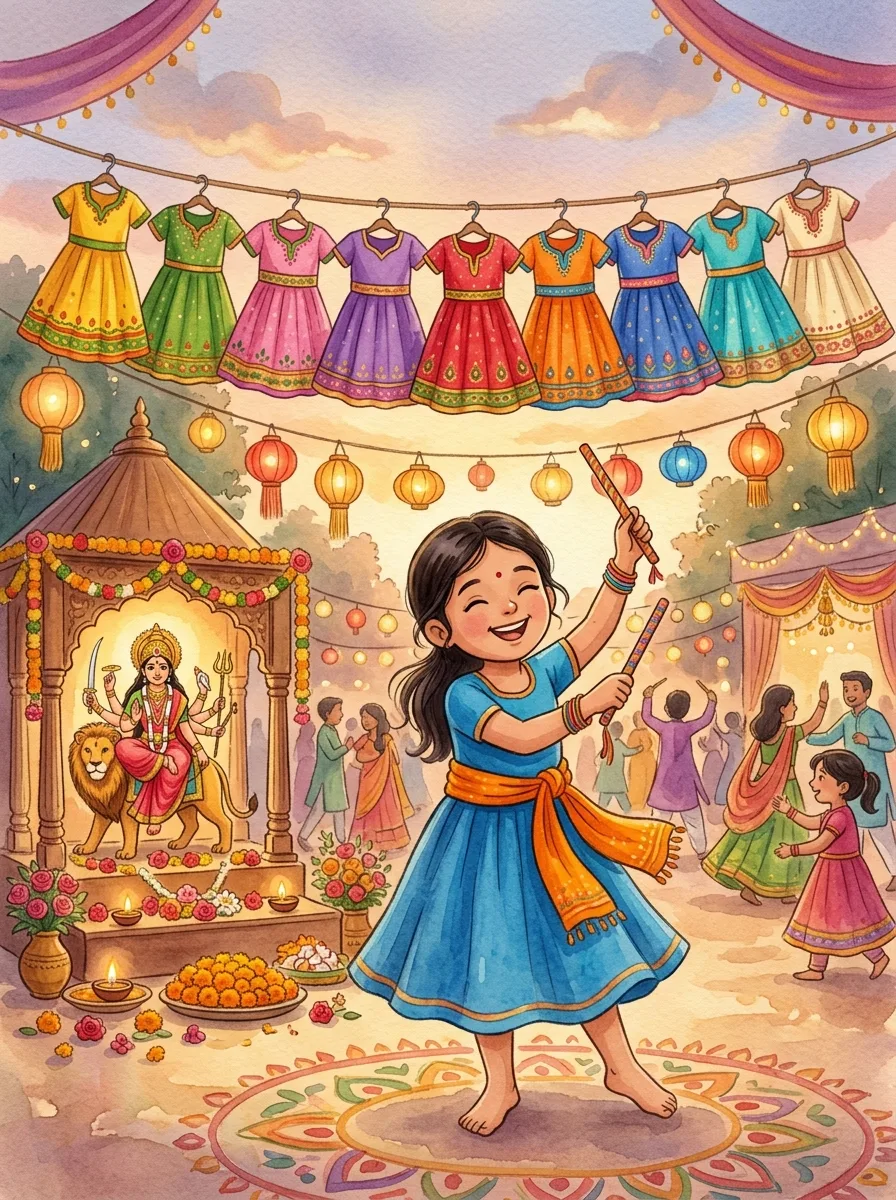 Navratri & Durga Puja: A row of nine little dresses in different colours