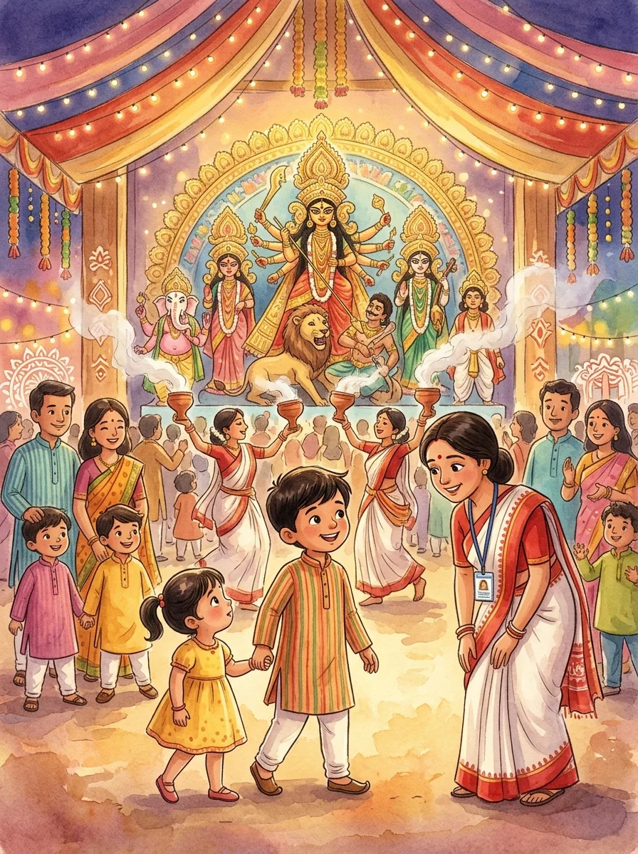 Navratri & Durga Puja: A grand Durga Puja pandal with a towering goddess idol