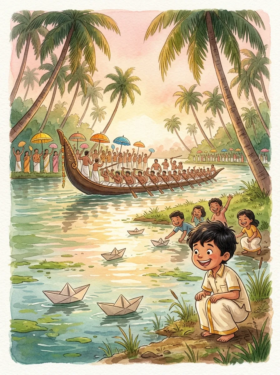 Onam: A long snake boat with rows of rowers on a green backwater