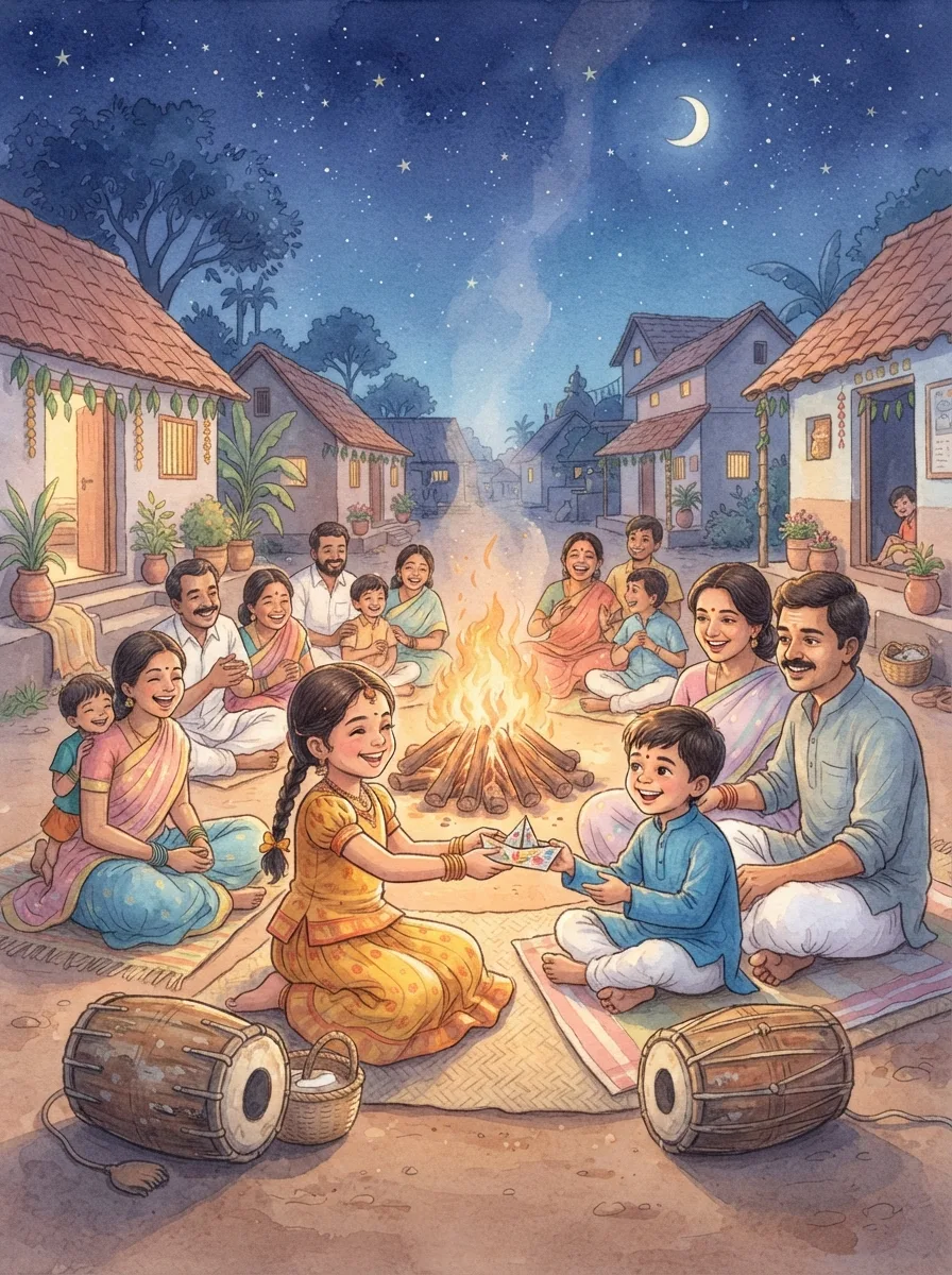 Pongal: A crackling bonfire in a village street at dusk