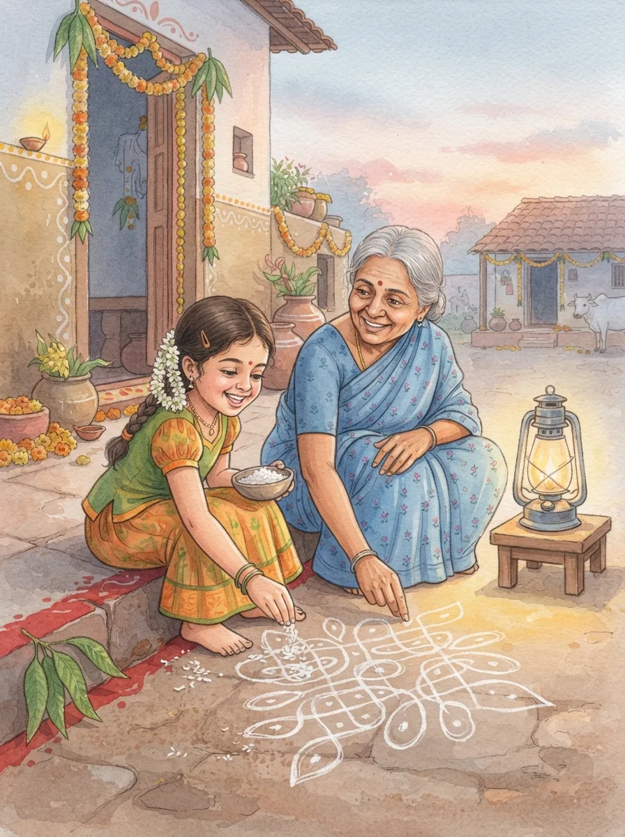 Pongal: A grandmother in a cotton saree drawing a kolam