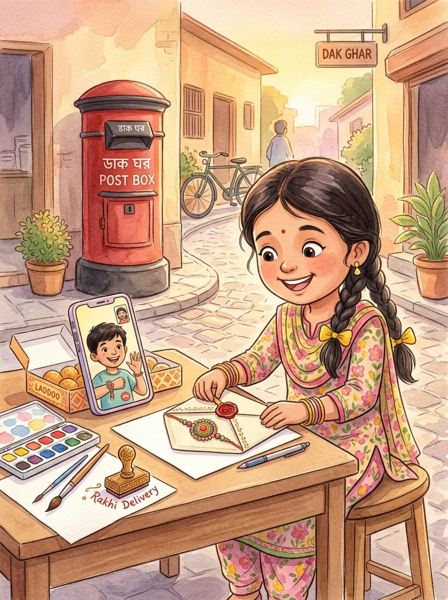 Raksha Bandhan: A child sealing an envelope with a rakhi inside