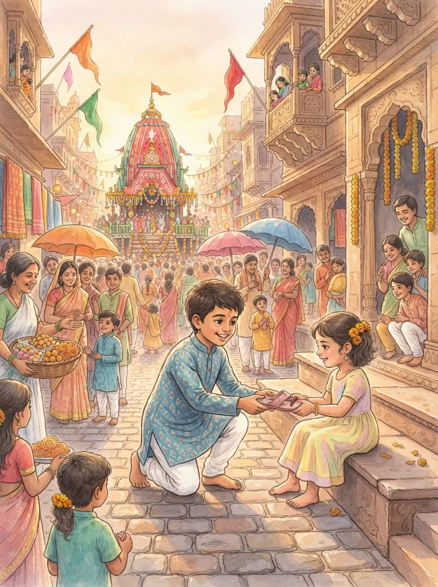Rath Yatra: A crowded street with a chariot in the distance