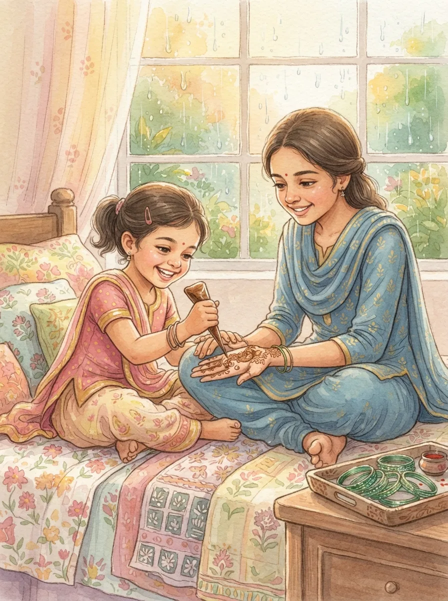 Teej: A child squeezing a mehndi cone over an open palm