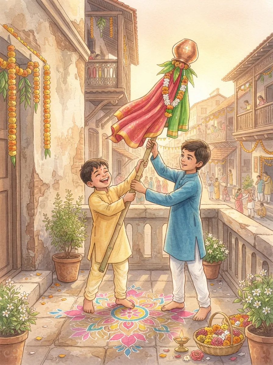 Ugadi & Gudi Padwa: A gudi with a red and green silk cloth and a copper pot on top