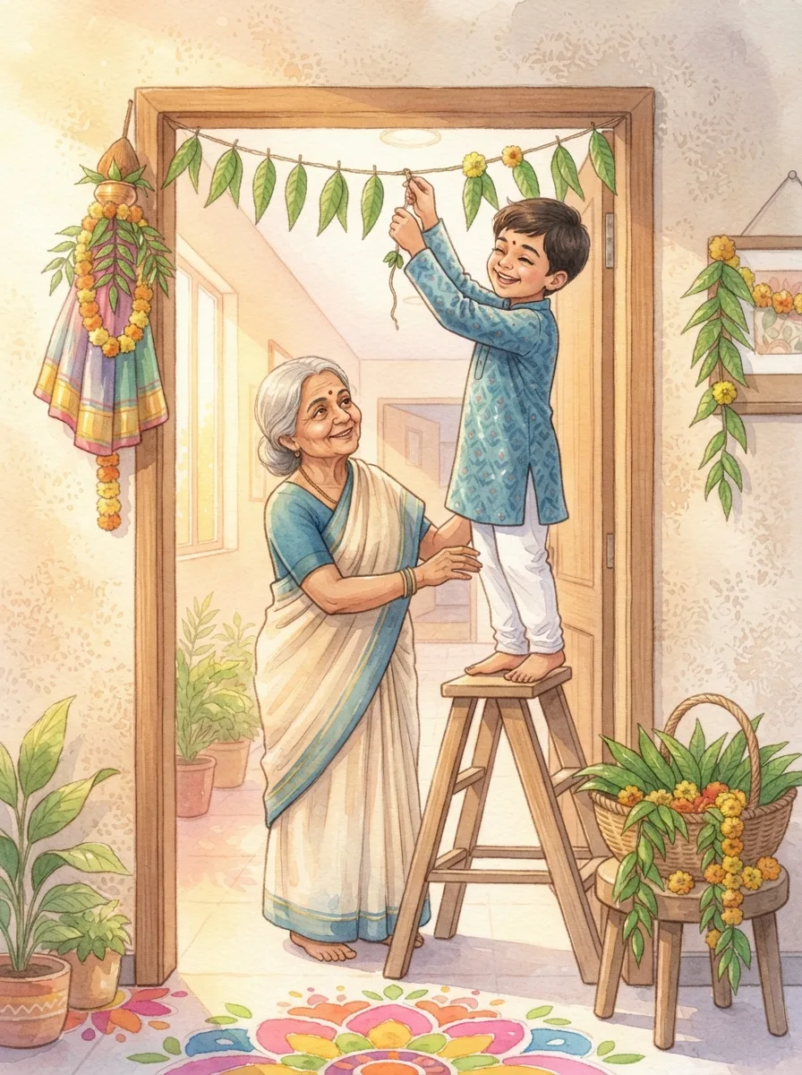 Ugadi & Gudi Padwa: A string of green mango leaves being tied across a doorway
