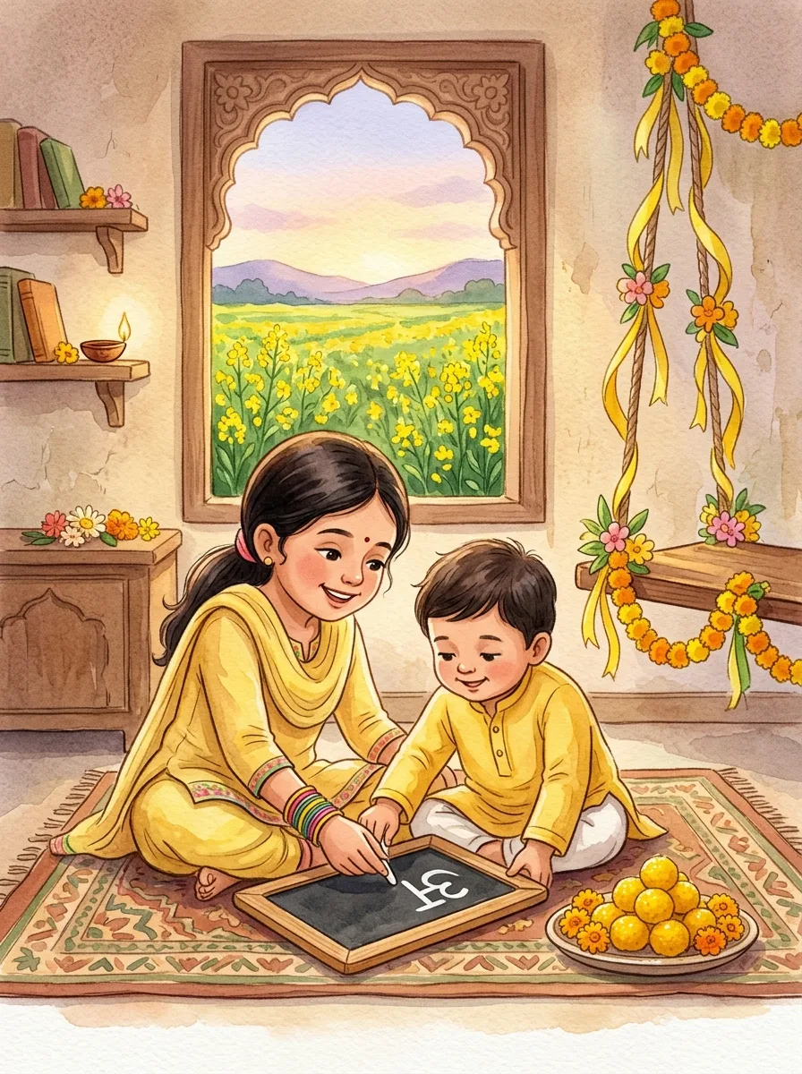 Vasant Panchami: A child guiding a toddler's hand on a slate