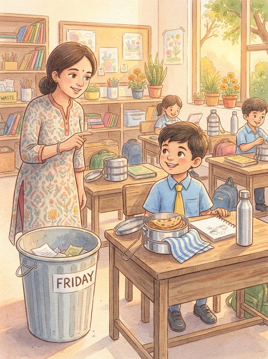 Caring for Nature: A classroom dustbin overflowing with foil and wrappers