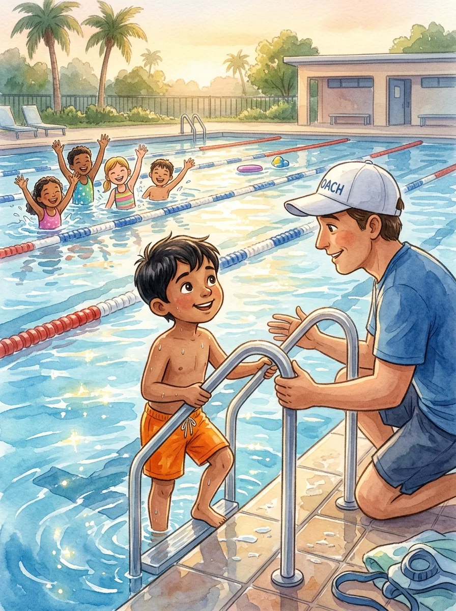 Courage: A blue swimming pool with lane ropes