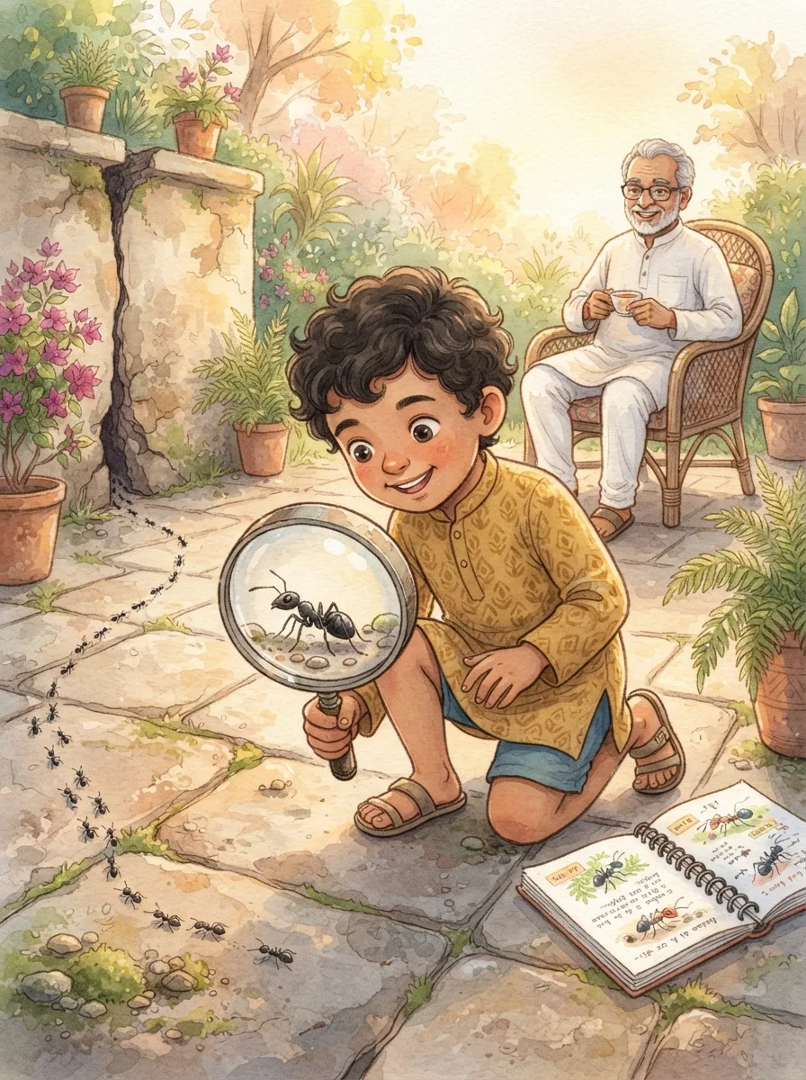 Curiosity: A big round magnifying glass in a child's hand