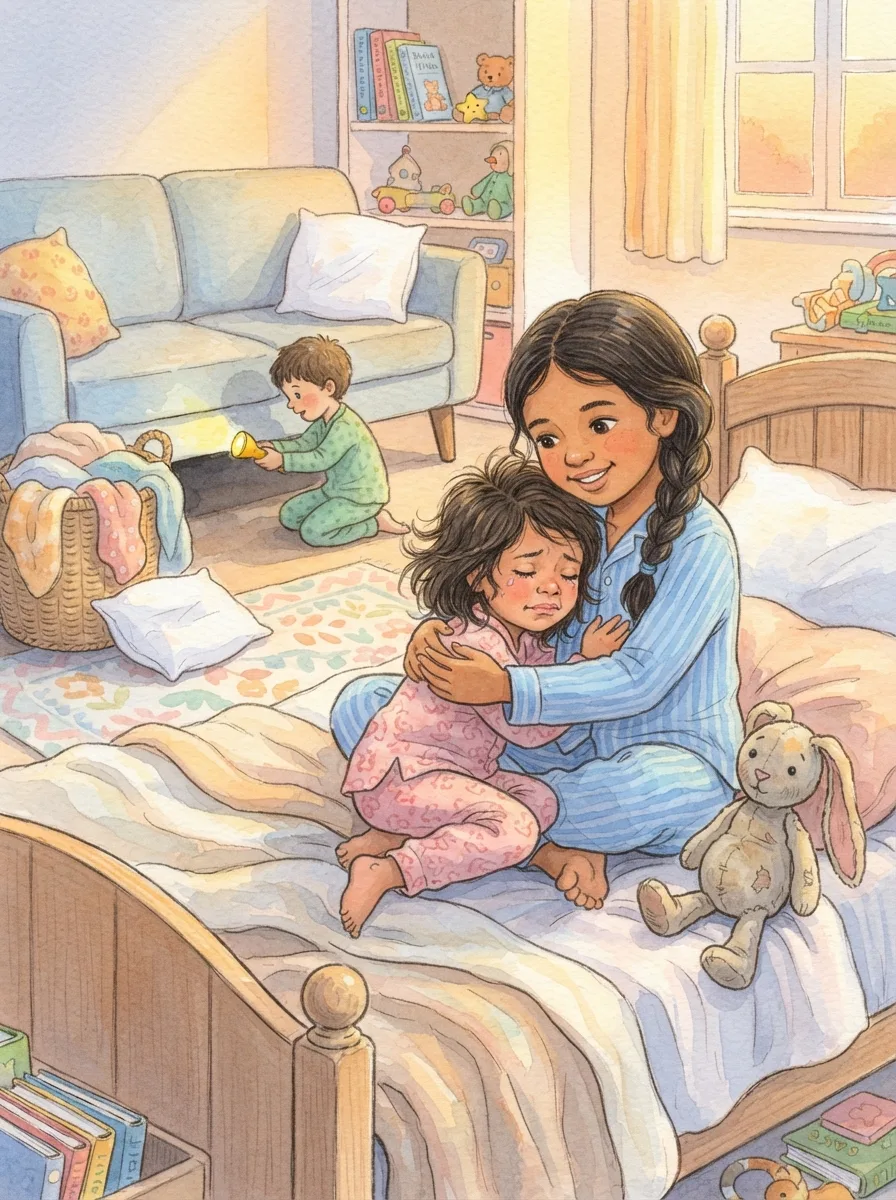 Empathy: A small girl crying on a bed in pyjamas