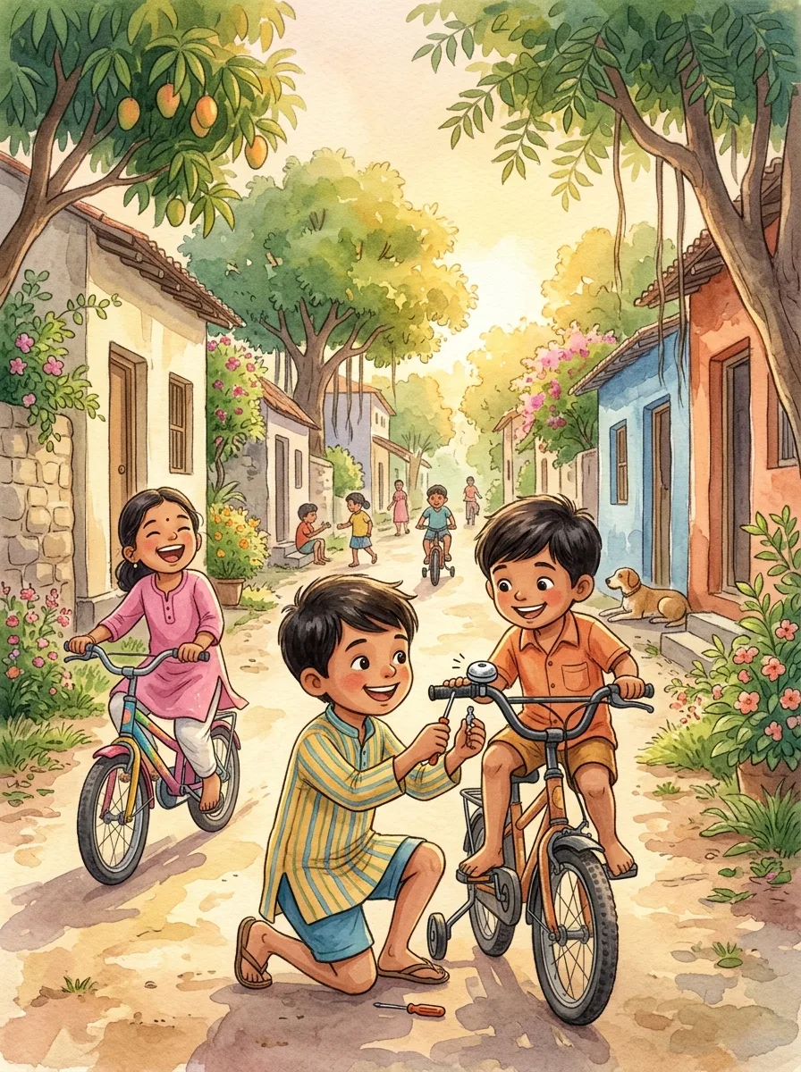 Friendship: A colony lane with children on bicycles