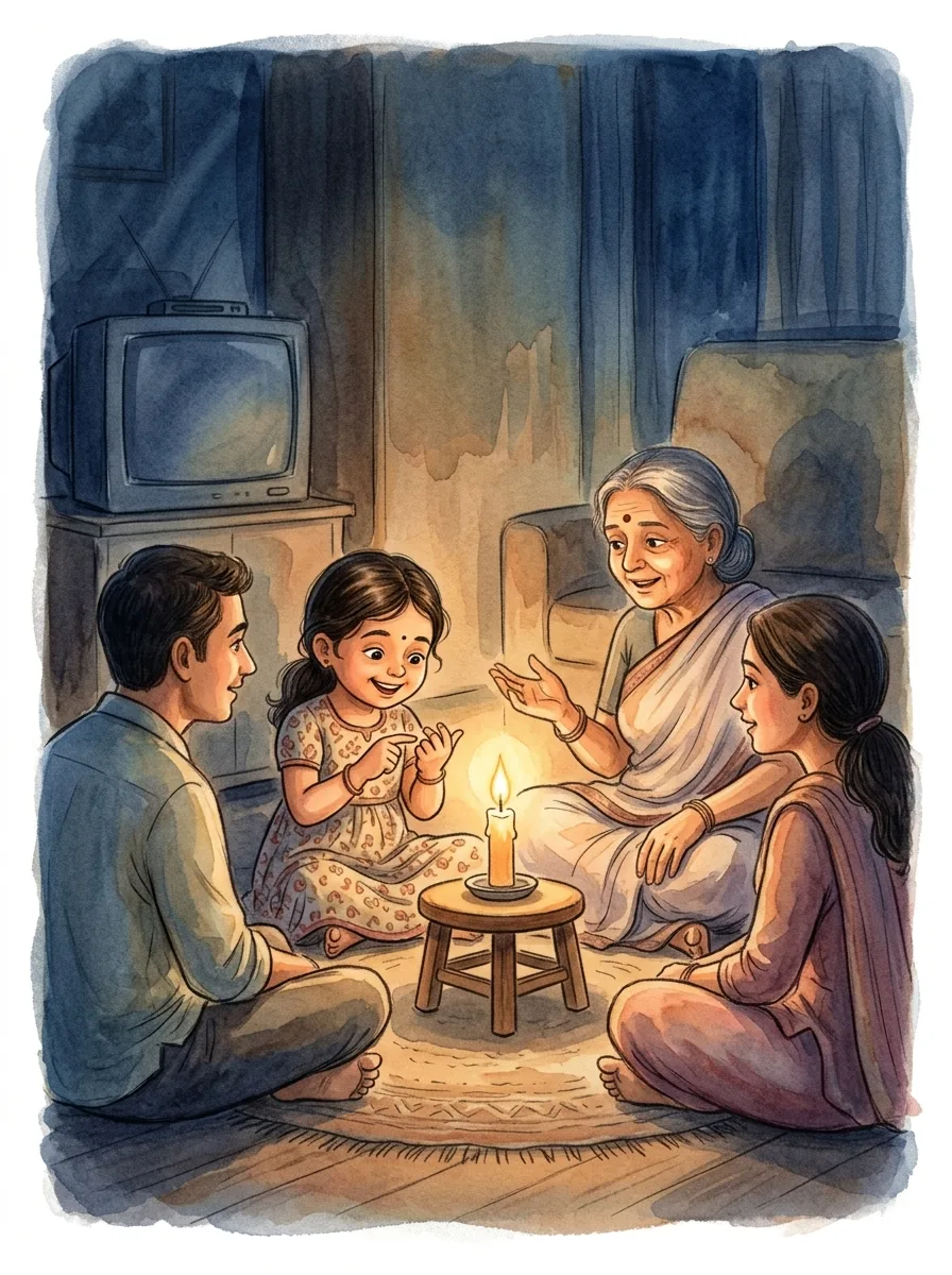 Gratitude: A dark living room lit by one candle