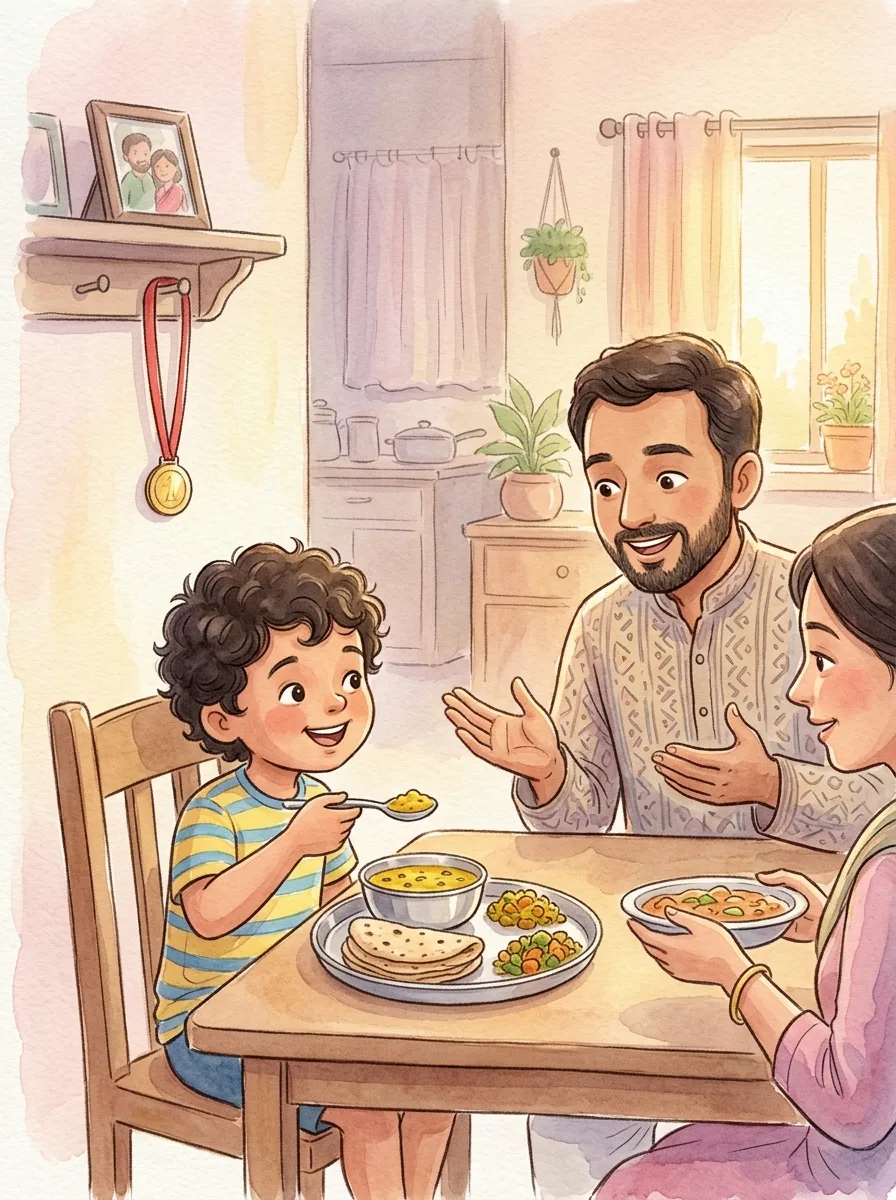 Healthy Habits: A family dinner table with steel plates