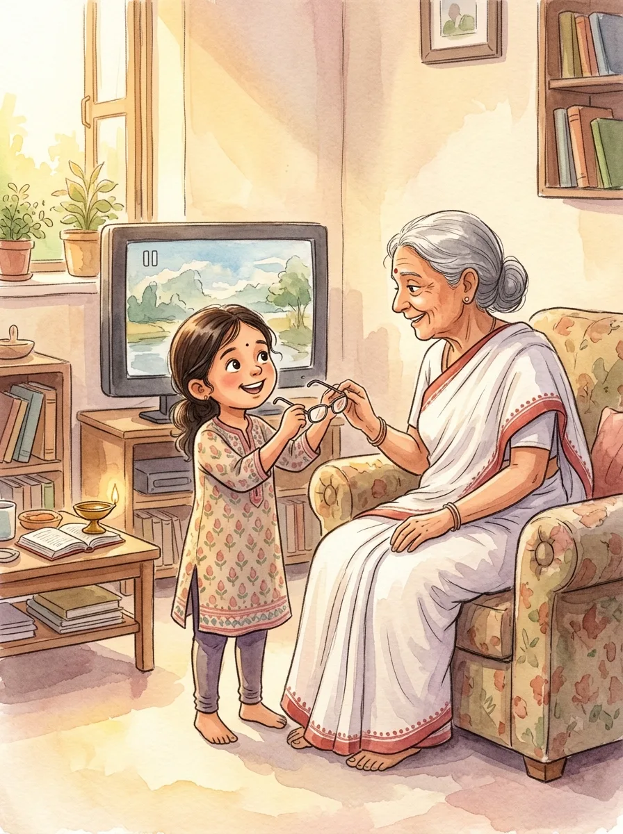 Kindness: A cosy living room with a paused television