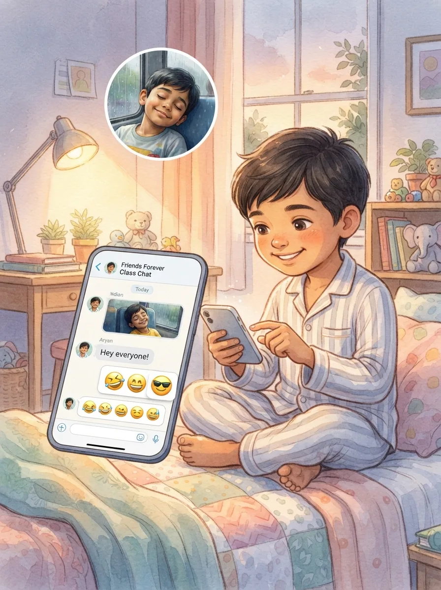 Online Safety: A phone screen with a class group chat and a row of laughing stickers