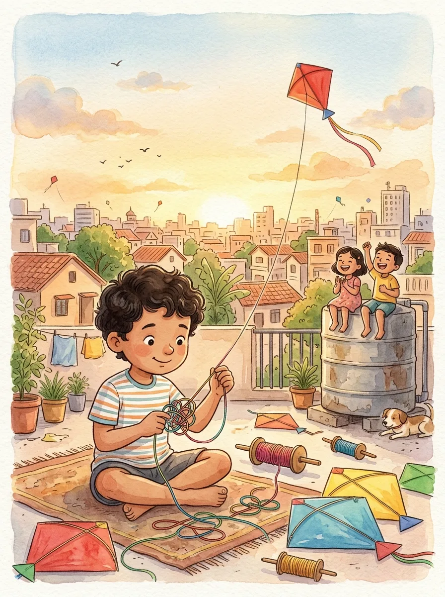 Patience: A rooftop terrace with many colourful kites