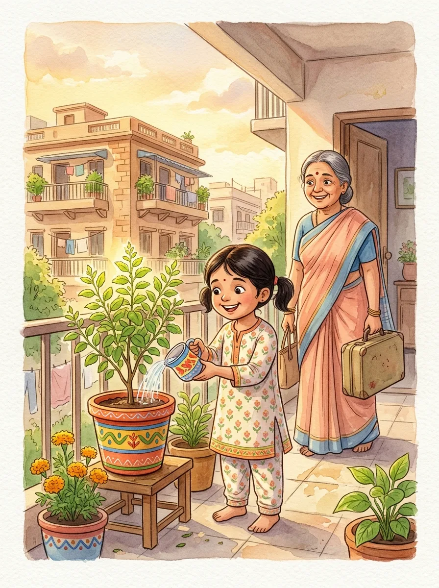 Responsibility: A balcony with a tulsi plant in a painted pot