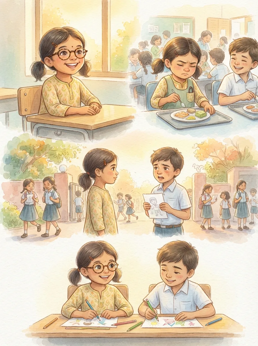 Saying Sorry: A classroom with a girl in new round glasses at the front