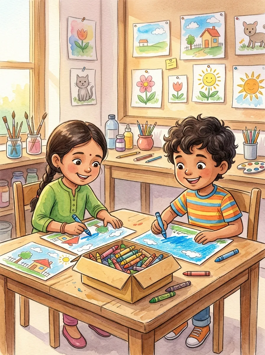 Sharing: An art classroom with drawing sheets