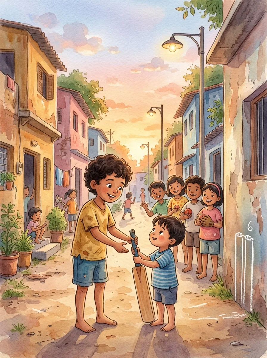 Sharing: A colony lane cricket match at dusk