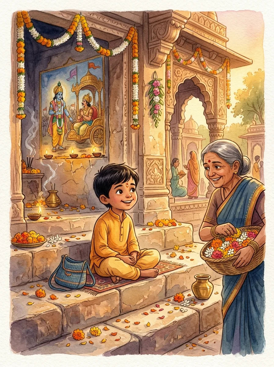 Bhagavad Gita: Temple steps with marigold petals