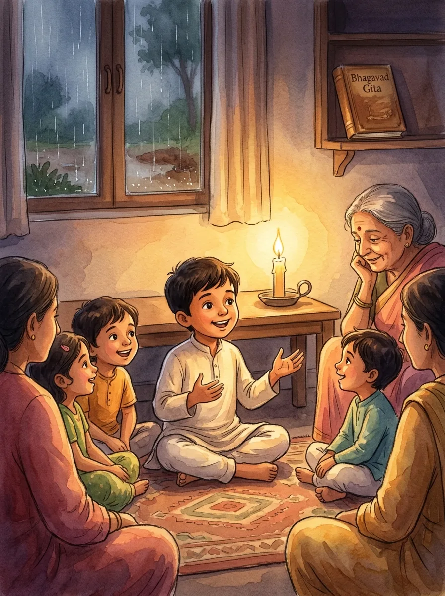 Bhagavad Gita: A dark living room lit by one candle