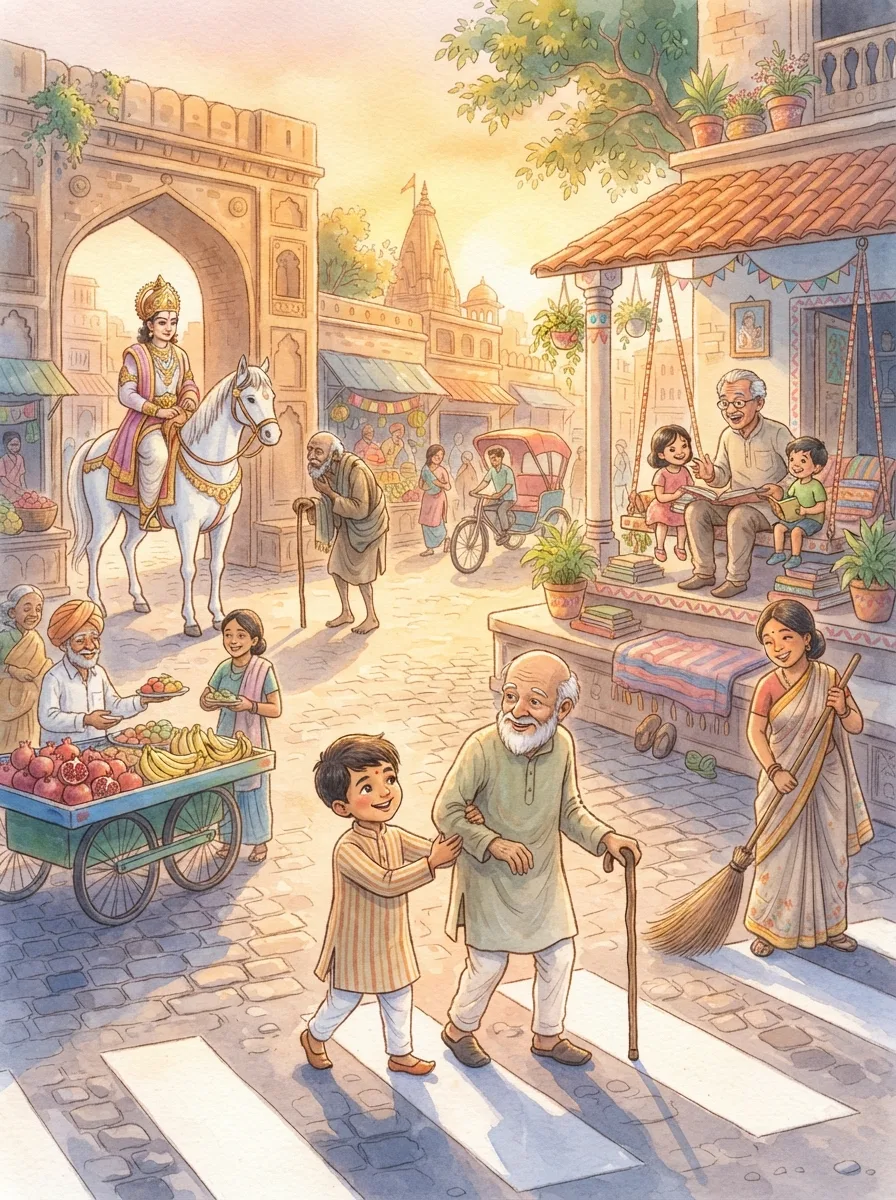 Buddha: A prince on a white horse at a city gate looking at an old man with a stick