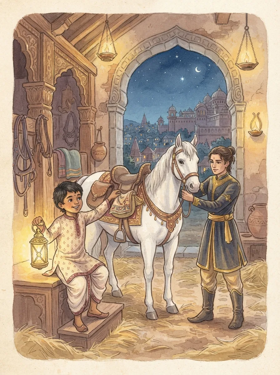 Buddha: A palace stable at night with a white horse being saddled
