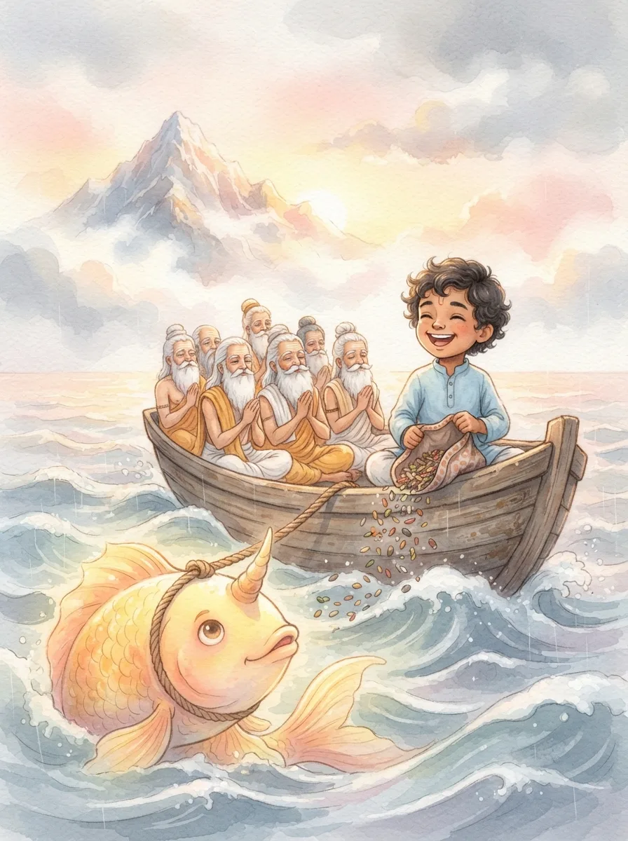 Dashavatara: A wooden boat crowded with seven sages in white beards
