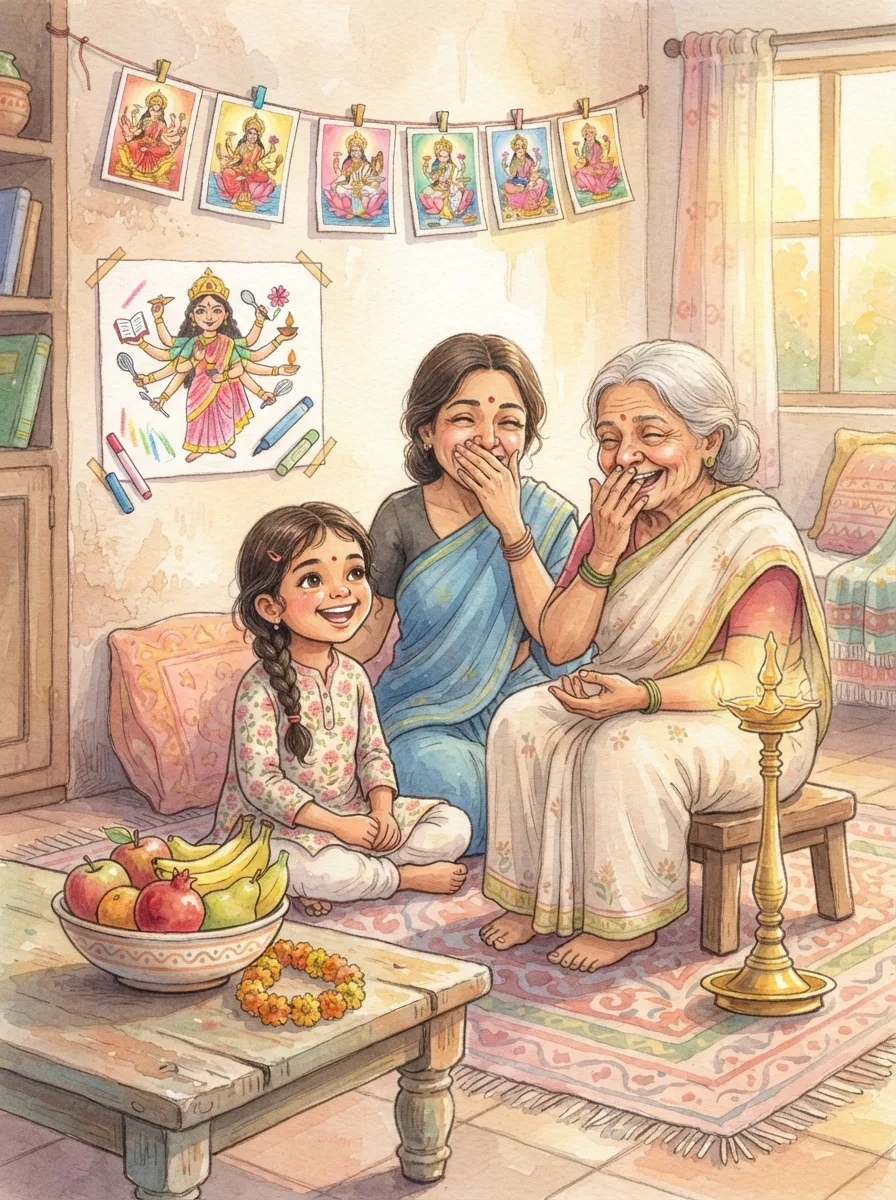 Durga: A grandmother counting on her fingers beside a small brass lamp
