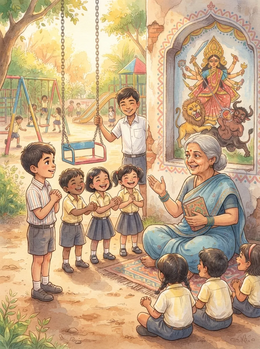Durga: A grandmother telling a story with a painting of a goddess and a buffalo behind her