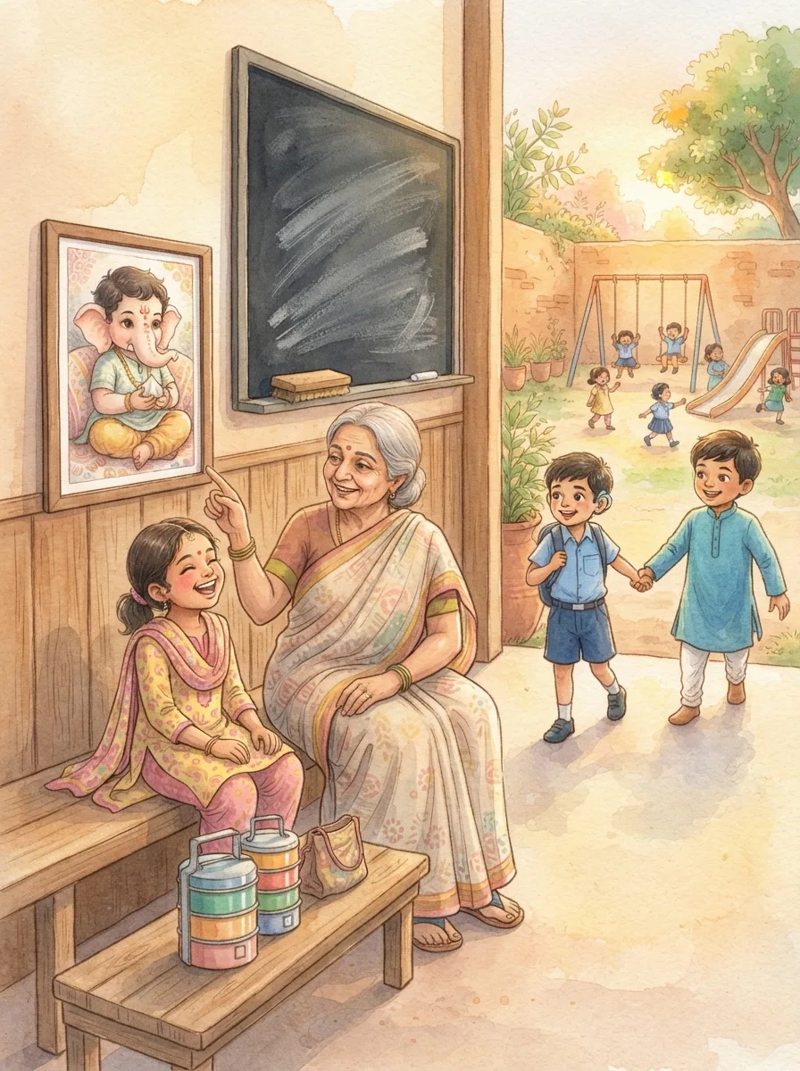 Ganesha: A grandmother pointing at a picture of a boy with a new elephant head