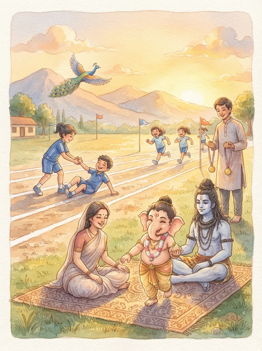 Ganesha: A plump elephant-headed boy walking around two seated parents