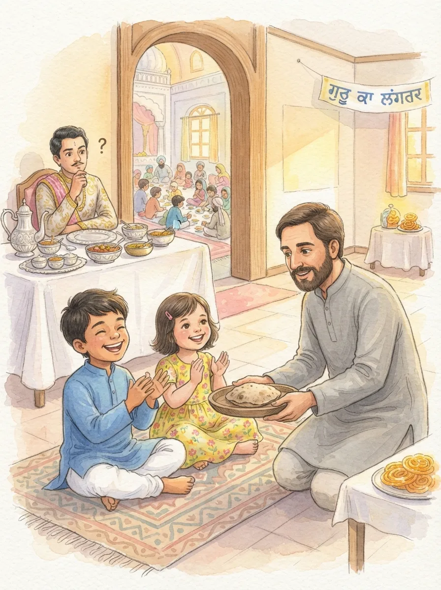 Guru Nanak: A carpenter in a plain kurta offering a coarse roti on a wooden plate