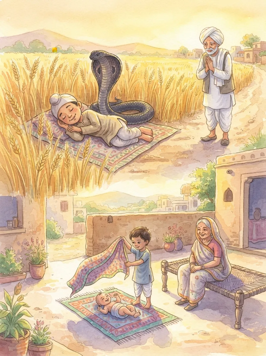 Guru Nanak: A boy asleep in a wheat field with a cobra's hood raised over his face