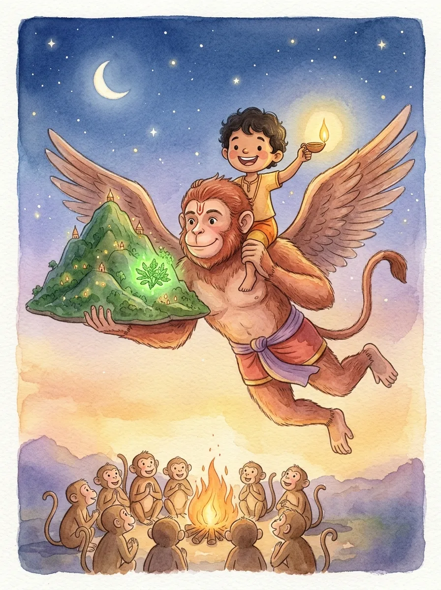 Hanuman: A monkey hero flying with a whole mountain in one hand