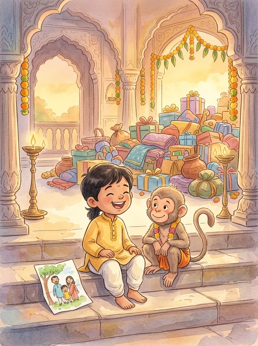 Hanuman: A palace hall with gifts piled high