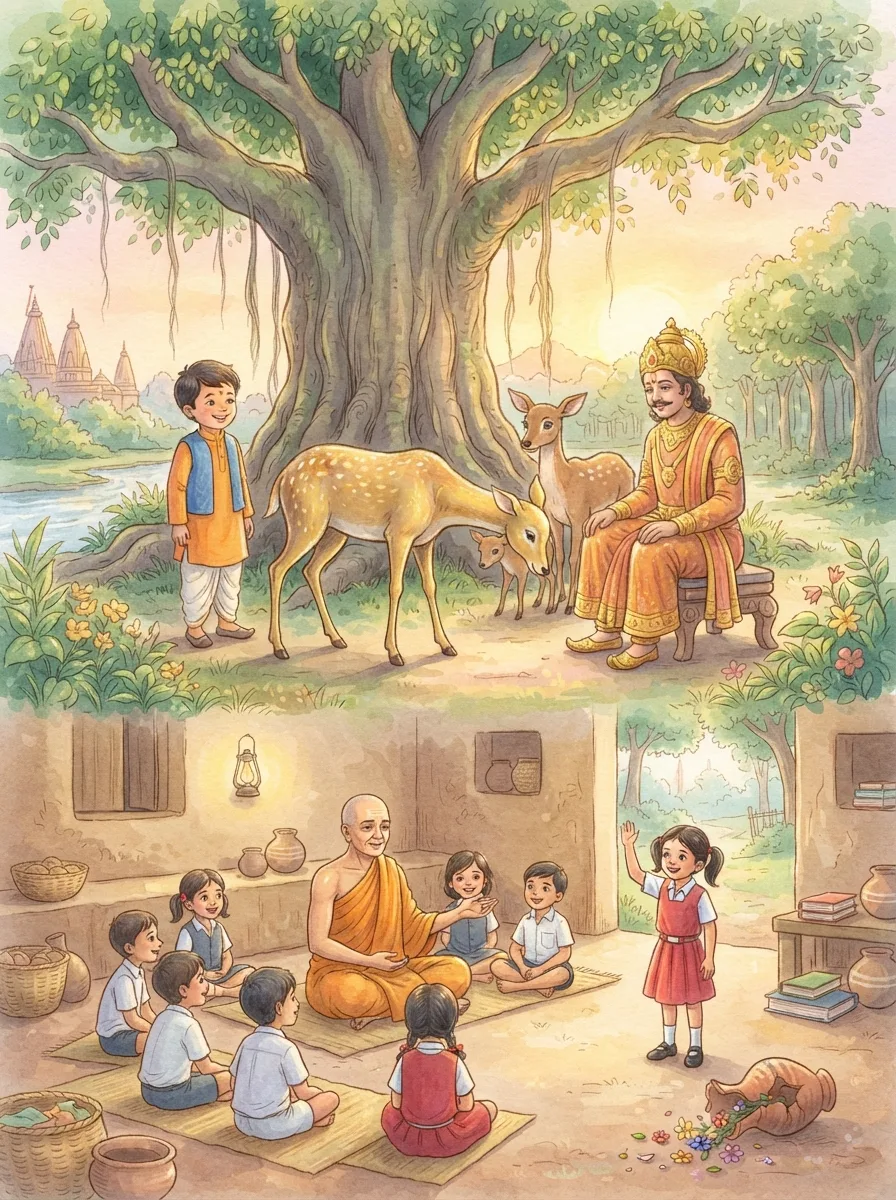 Jataka Tales: A golden deer bowing before a king under a huge banyan tree